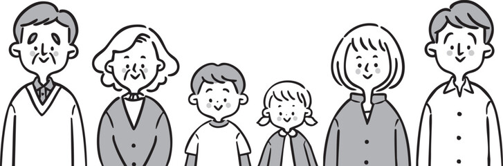 家族三世代（モノクロ）　上半身　ベクター

