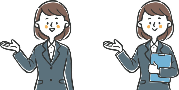 スーツを着た女性社員が案内しているイラスト　上半身　ベクター
