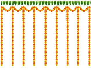 Indian flower garland of mango leaves and marigold flowers, Decorations for marriage and festivals, Indian traditional, marigold flower decoration.