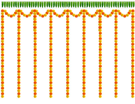 Indian flower garland of mango leaves and marigold flowers, Decorations for marriage and festivals, Indian traditional, marigold flower decoration.