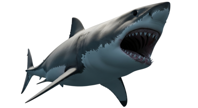 Great white shark swims with open mouth and big teeth standing on transparent background underwater ocean predator with gills aquatic animal