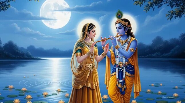Enchanting Krishna plays flute for Radha under moonlight, a vibrant Hindu devotional scene with rich cultural symbolism and spiritual devotion