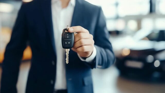 Salesman handing over your new car keys, dealership and sales concept, new car on background, advertising for rent or sales. New car owner holding key in car showroom. Special offer, electric car sale - Powered by Adobe