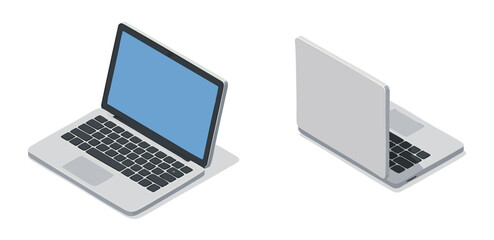 two modern laptops shown from different angles, one with a blue screen, on a white background. Isometric Generative ai vector colorful illustration.