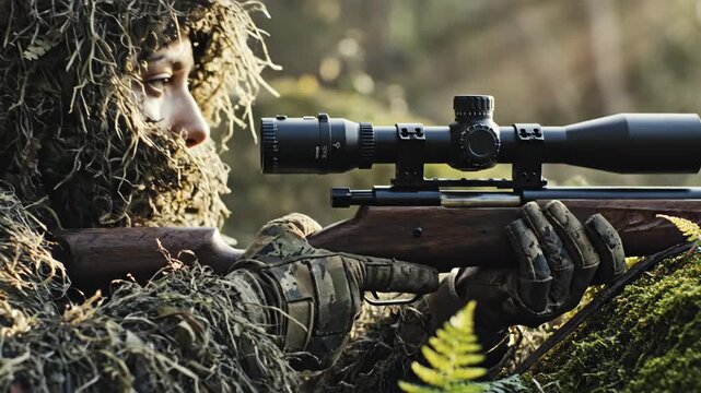 Sniper in Ghillie Suit Aiming Rifle - A sniper wearing a ghillie suit is aiming a rifle with a scope in a wooded area.