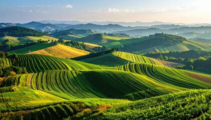 Fototapeta premium Rolling Tuscan Hills Covered With Vineyards And Agricultural Fields Under A Golden Morning Sun With A Hazy Blue Sky