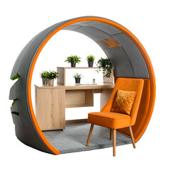 Futuristic pod with workstation, chair, plants, and natural textures