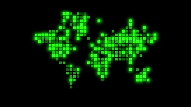 Pixelated World Map glowing on black background animation