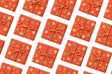 Gifting boxes wrapped in red paper with stars and christmas tree patterns, tied with string, forming a festive seamless pattern
