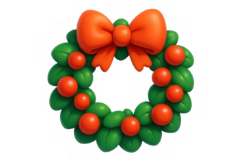 Christmas wreath with green leaves and red berries, featuring an orange bow, creating a festive holiday decoration icon on a transparent background