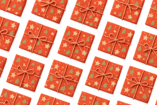Gifting boxes wrapped in red paper with stars and christmas tree patterns, tied with string, forming a festive seamless pattern