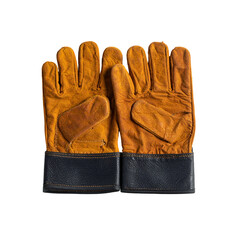 Rustic leather work gloves with dark cuff, top view