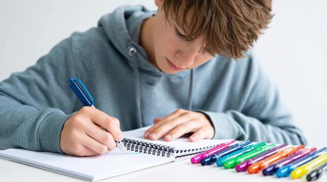 Young boy focused on creative writing in notebook.