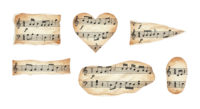 Sheet music design elements in vintage style isolated PNG with Transparent Background