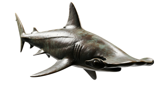Hammerhead shark bronze statue realistic view on transparent background predatory marine animal from sea ocean with head hammer isolated