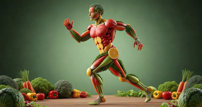 Human Body and Nature: Anatomy Made of Fruits and Green Vegetables – Concept of Metabolism and Sports Health