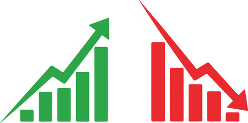 Graph going Up and Down sign with green and red arrows vector. Flat design vector illustration concept of sales bar chart symbol icon with arrow moving down and sales bar chart with arrow moving up.	