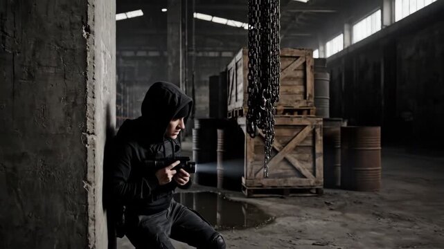 Armed Man in Abandoned Warehouse - A man in a black hoodie and tactical vest shines a flashlight from a pistol while looking up in an abandoned warehouse.