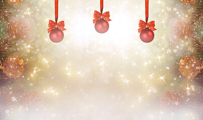 Christmas background with decorative fir tree branch, red balls and cones for decoraton. New Year winter holidays fantasy concept with decor and copy space, snowy wide panoramic banner.