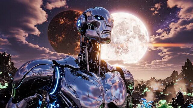 Futuristic Robot on Alien Planet - A metallic robot stands on an alien planet landscape under a night sky with two moons. The robot appears to be looking into the distance in a serious manner.