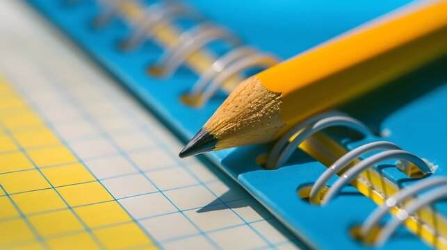 Ultra‑detailed photograph of a lone yellow pencil sharpened to a perfect point lying diagonally on a minimalist surface showcasing smooth paint finish metal ferrule and soft shadowspencil and notebook