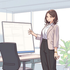 Naklejka premium オフィスで働く女性がプレゼンテーションするイラスト｜会議・説明・ホワイトボード・グラフ・マーケティング資料・仕事中の女性