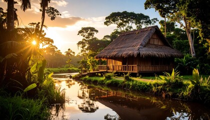 Tropical hut at sunset