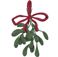 Watercolor Mistletoe With Red Bow