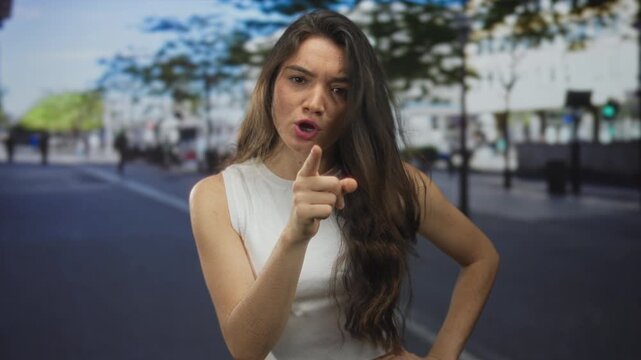 Young hispanic woman finger pointing to object on sunlit urban street beneath leafy trees; assertiveness.