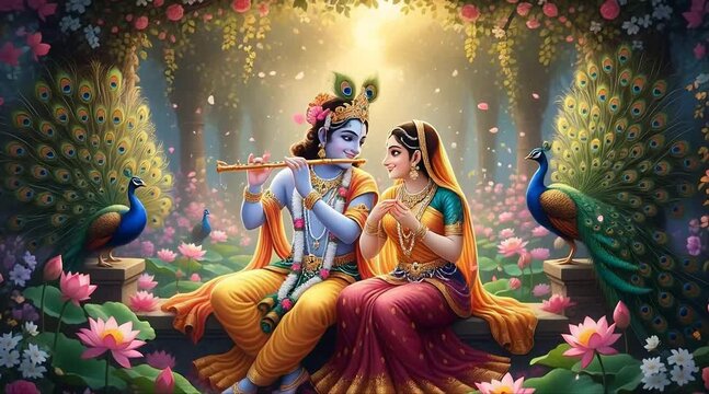 Divine Krishna playing the flute for Radha in a garden paradise, surrounded by peacocks and flowers, a spiritual and romantic scene of harmony and love