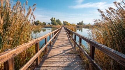 Fototapeta premium Wooden bridge over a calm lake on a sunny day