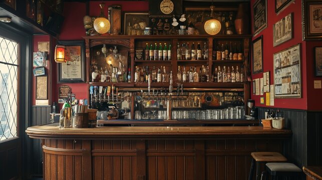 the counter bar in a cosy old english or irish pub with lots of whisky bottles in the background