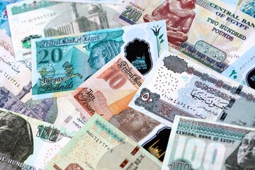 Egyptian pound currency money bills. The current banknotes lies on table in big amount close up