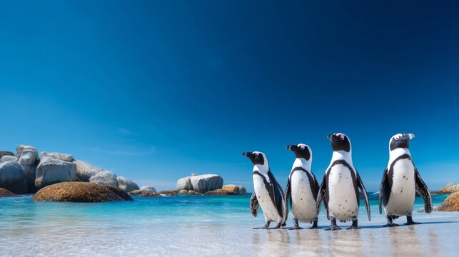 A group of African penguins waddles along the sandy shore of Boulders Beach in Cape Town. The clear blue sky and gentle waves complete this picturesque scene of wildlife