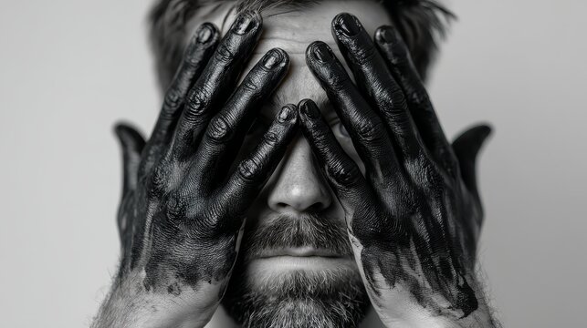 man covered face with his hands smeared in black paint on light background, shame concept 