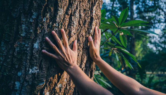 Human hands touching old tree green forest in tropical woods, Love nature, protect environment, co2, net zero concept