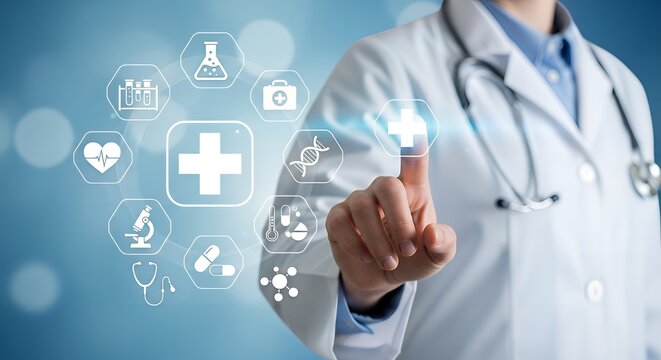 Doctor in lab coat interacting with medical icons on a digital interface
