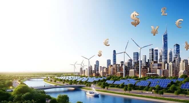 Modern city skyline with wind turbines and solar panels on river