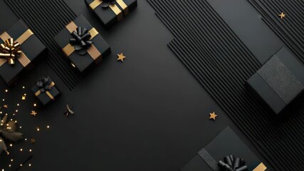 Black Friday sale banner with black gift boxes with golden bows. Top view, flat lay, copy space. Black Friday Super Sale, special offer, discounts. Cyber Monday poster Black presents with gold ribbons - Powered by Adobe