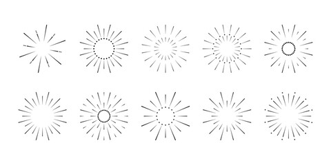 A set of fireworks, isolated on a white background. Monochrome black and white vector illustration. Decorative graphic festive element is used for postcards, design, celebrations, banners. Sparks