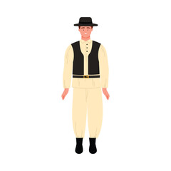Isolated Croatian man wearing traditional folk costume with hat and vest on white background vector illustration