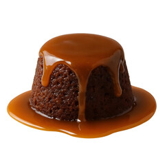 Sticky toffee pudding with caramel sauce, isolated on transparent background.