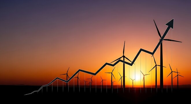 Wind turbines generating energy with upward trend graph at sunset  