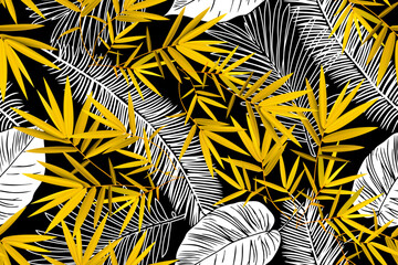 Tropical seamless pattern with yellow bamboo. Vector leaves. Exotic summer background. Hand-drawn jungle foliage. Tropical seamless pattern for fabric, textile, tile, and wallpaper design.