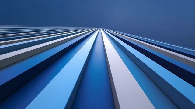 A low-angle view of parallel beams in shades of blue white and grey converging toward a vanishing point under a blue sky