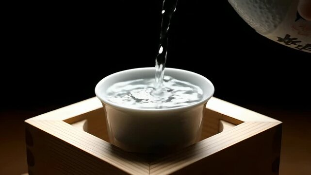 Pouring Japanese Sake into a Traditional Ceramic Cup