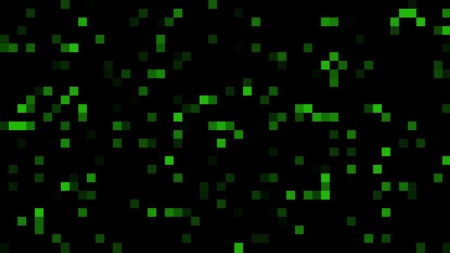 Animated abstract green digital pixel glitch matrix background. glowing square pixels.