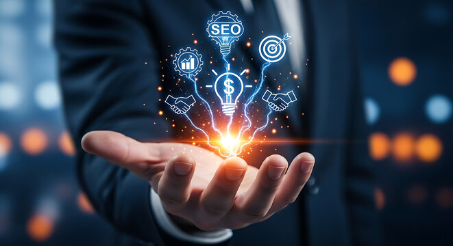Businessman presenting a lightbulb with dollar sign, gear, seo, target, and handshake icons, symbolizing business ideas and success.