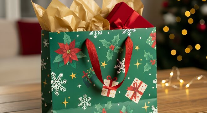 Close up of a christmas gift bag with a red box and christmas tree lights