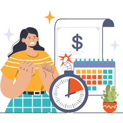Woman Stressed By Deadline With Timer Clock Calendar And Financial Document Featuring Dollar Sign In Abstract Illustration Style